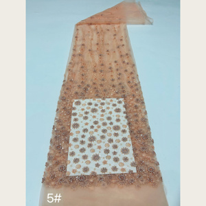 Tissu en dentelle G4098 brodé, tissé, métallique, à dégradé de positionnement, à pampilles et motifs floraux, de poids moyen, avec perles et paillettes, en tulle, pour filles - Product Image 5