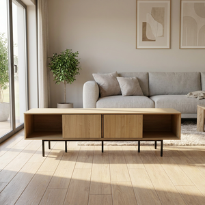 <span class=keywords><strong>Buffet</strong></span> rectangulaire <span class=keywords><strong>bas</strong></span> en <span class=keywords><strong>bois</strong></span> avec pieds en métal, design moderne <span class=keywords><strong>et</strong></span> nouveau, multi-compartiments, idéal pour les petits espaces - Product Image 4
