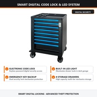 Armoire à outils mobile intelligente en acier, 8 tiroirs, avec serrure de sécurité numérique, éclairage LED intégré, porte-cintres et compartiment latéral, OEM