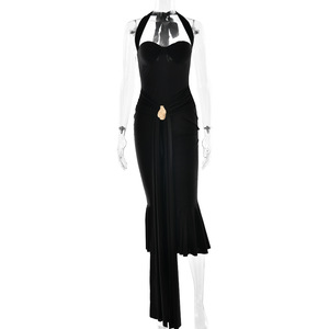 Elegante Vestido Midi Halter sin Tirantes con Lazo, Color Sólido, Espalda Descubierta, Cintura Ajustada, Vestido de Noche - Product Image 5