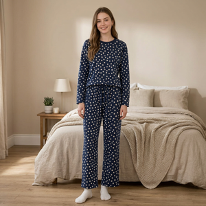 Conjunto de 2 Piezas para Mujer: Top de Manga Larga con Cuello en V y Estampado Floral Azul Marino y Pantalones de Punto hasta el Tobillo, Cintura Elástica, Corte Holgado, Poliéster - Product Image 1