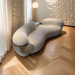Divano Sezionale a <span class=keywords><strong>S</strong></span> di Lusso per Soggiorno, Divano Arcuato in Pelliccia di Agnello Color Crema per Casa, Hotel, Salone di Bellezza - Product Image 2