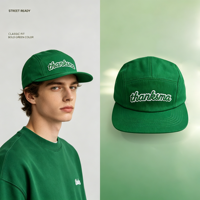 Casquette de camping verte à 5 panneaux, broderie 3D personnalisée, en coton, non structurée, à visière plate, pour le sport, le camping et les activités de plein air