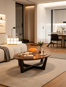 Mesa de Centro Ovalada de Madera de Nogal Macizo, Diseño Minimalista con Estructura Hueca Entrelazada, para Sala de Estar - Product Image 1