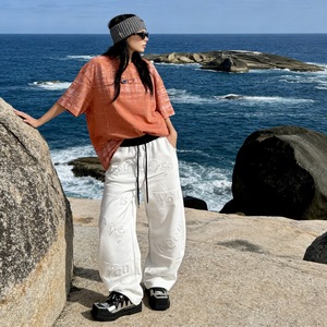 <span class=keywords><strong>8037</strong></span>/Яркий оранжевый комплект: футболка оверсайз с эффектом тай-дай и белой вышивкой, широкие брюки. Повседневный уличный модный комплект. - Product Image 3