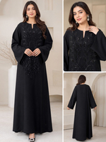 Hafizah Luxe Jalabiya Noire pour Femme, Kaftan, Robe Longue Musulmane, Abaya de Dubaï, Robe de Soirée Arabe, Ornée de Perles et de Paillettes Lourdes