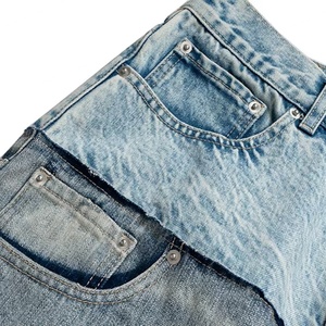 Jeans Homme Streetwear en Denim Double Taille Effet Vieilli Bords Bruts Patchwork Délavé Clair Coupe Droite Taille Haute – Vente en Gros - Product Image 4