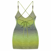 Robe Courte Moulante Tricotée Côtelée Dégradée pour Femme, Col V Profond, Bretelles Halter, Sans Manches, Coupe Slim, Idéale pour la Plage