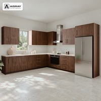 Meuble de cuisine de luxe, portes en stratifié au design moderne, aménagement en L, boîtes de rangement en contreplaqué et rangements extractibles