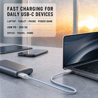 Kabel Data Pengisian Cepat USB Type-C 3A 60W 1.2M 2M C to C, 48 Anyaman Nilon, PD untuk Ponsel, Laptop, Komputer, Siap Grosir