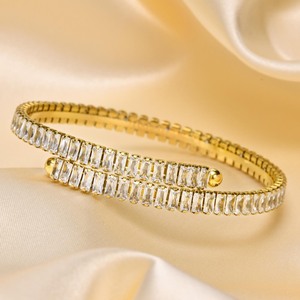 18K Gold Plated Stainless Steel Openable Square White Cubic Zircon Cuff <b>Bangle</b> Trendy Waterproof Fashion Jewelry For Women - Product Image 3