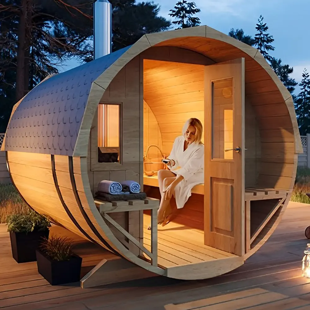 Großhandel Red Cedar Massivholz 6 Personen Glas Outdoor Barrel Sauna Zimmer