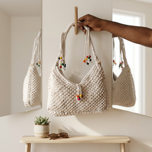 White <b>Crochet</b> ZIP Closure Single Strap Shoulder <b>Bag</b> Beaded Tassel Hobo Handbag Woven Casual Purse Cotton Lining 12 Inch Daily - Product Image 6