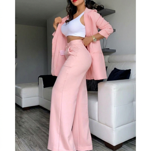 Ensemble tailleur 2 pièces en polyester pour femme IStapromo, design créatif, devant ouvert, pantalon taille haute à jambes larges, boutonné, respirant - Product Image 1