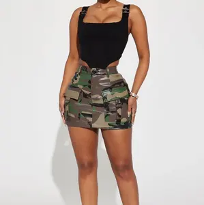 Nouvelle mode jupes personnalisées pour femmes mini jupe en cuir PU camouflage olive à fermeture éclair été pour femmes