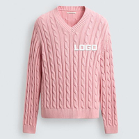 Pull Homme Col V en Maille Tressée de Luxe Rose Texturé Épais Vintage