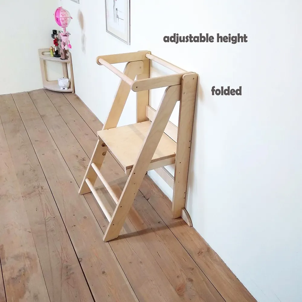LM 아이 최고의 품질 접는 도매 합판 소나무 디자인 몬테소리 조절 높이 어린이 의자 주방 도우미 타워