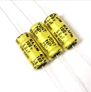 Condensateur électrolytique axial non polaire haute fréquence <span class=keywords><strong>ELUM</strong></span> 100V 6.8µF, 100V 5.6µF 10x20mm - Product Image 1