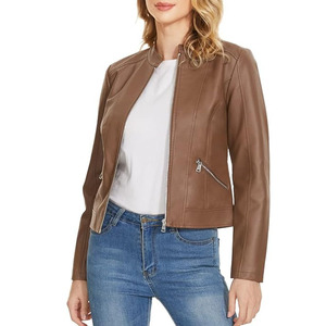 Veste en cuir véritable pour femme, coupe ajustée, doublée polaire, imperméable et respirante, pour l'automne et l'hiver, mode et tenue décontractée - Product Image 1