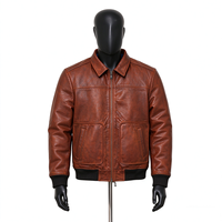 Blouson aviateur vintage marron en cuir véritable pour homme, col rabattable, poignets côtelés, logo personnalisé, vente en gros d'usine, manteau en cuir d'extérieur