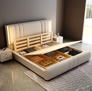 Lit double de luxe King Queen avec cadre en bois et tête de lit rembourrée en cuir, meuble de chambre moderne et contemporain avec rangement intégré - Product Image 1