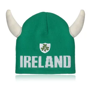 Custom Design Traditionele Populaire Schattige Beanies Groen Ierland Gebreide Muts Met Hoorns