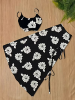Set atasan dan rok maxi motif bunga hitam wanita, tali spaghetti, pakaian dua potong, gaya boho pantai, liburan musim panas, grosir, pesanan khusus