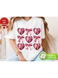 T-shirt Coquette Heart da donna a maniche corte, girocollo, in jersey di cotone stampato, stile carino per San Valentino, primavera estate - Product Image 3