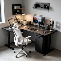 Bureau d'ordinateur de jeu en forme de L robuste avec cadre métallique, tiroir et contrôle de hauteur réglable