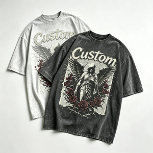 T-shirt Vintage Oversize con Cappuccio e Ricamo Angelo, Effetto Acido, Stile Gotico, con Ali, Rose Scure e Spine, Streetwear - Product Image 1
