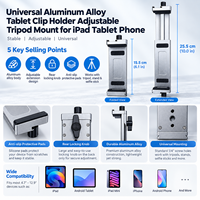 Support de tablette en aluminium réglable avec pince métallique et vis 1/4 pour iPad Pro Air Mini, photographie, vidéo, diffusion en direct