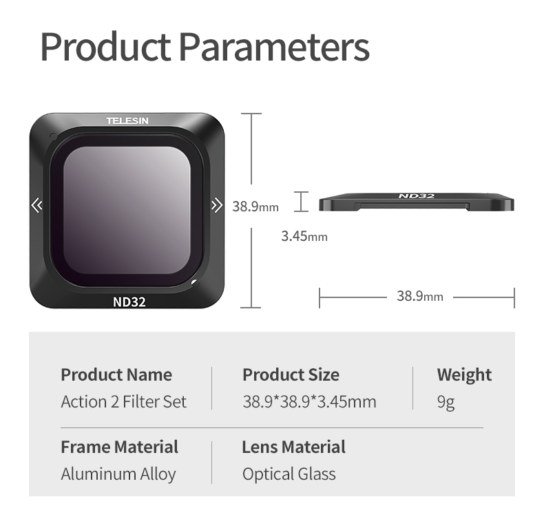 TELESIN Action Camera AcceSsories Magnetic 3-Pack ND8/16/32 ND lens filter for DJI Action 2 Camera