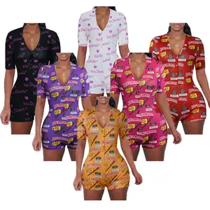 Wholesale Pajama Onesie Shorts Romper Long Sleeve Jumpsuit Print Adult Pajamas Sleep Onesie For Women