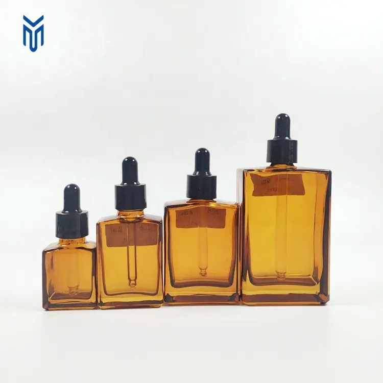 Hot sale empty 15ml 30ml 50ml 100ml amber flat serum bottle rectangle glass dropper bottle with pipette