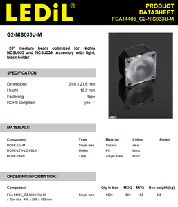 Ledils FCA14405_G2-NIS033U-M Lentille LED UV 25 °   Ensemble de lentilles en silicone à faisceau moyen pour LED UV Nichia NCSU033 NCSU034 - Product Image 2