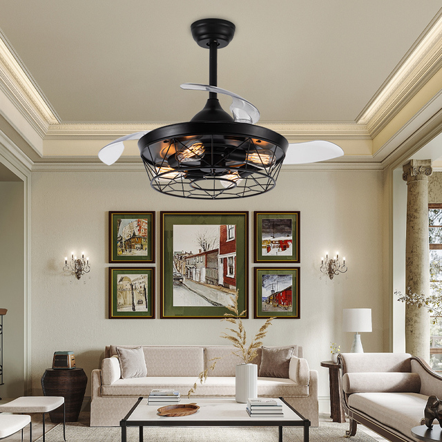 Industrial Style 42-Inch Black Cage LED Ceiling Fan Light Remote Control Durable Iron for American Farmhouse Bedroom Living Room