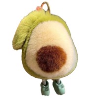 Porte-clés en métal durable avec pompon en fausse fourrure de lapin, motif de dessin animé, fruit avocat, peluche rembourrée, boule décorative légère, ornement suspendu