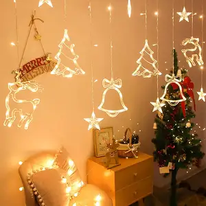 138 Led Battery Powered 3.5m Twinkle Star Tree Window Curtain Star Elk Fairy Lights Bell Curtain Lights for Christmas Decoration