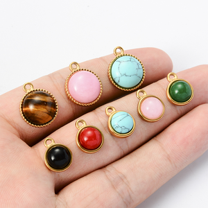Round Natural Stone Pendant PVD Gold Stainless Steel Charm: Turquoise Onyx for Necklace <b>Bracelet</b> Earring Making - Product Image 6