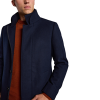 Manteau en laine mérinos pour homme, coupe ajustée, col cheminée, bleu marine/beige, avec décoration boutonnée