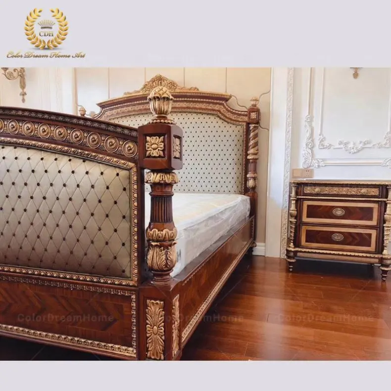 De Madera talladas a mano real muebles chapados en oro <span class=keywords><strong>dormitorio</strong></span> con tejido blanco cabecera