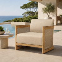 Fauteuil de salon d'extérieur en teck naturel et rotin, fauteuil club à assise profonde, mobilier rembourré pour patio, jardin, resort, villa, bord de piscine