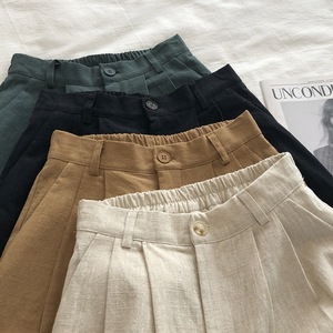 Women's High Waisted Wide Leg Cotton Linen Shorts Casual Summer Style Black Khaki Heather Dark Green - Product Image 4