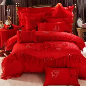 Lençóis de edredom de casamento luxuosos bordados em algodão e renda king size colcha de seda edredom conjuntos de cama