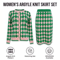 Vente en gros de cardigan pour femmes personnalisé à col rond avec manches longues et ensemble deux pièces en tricot jacquard à motifs diamants doux