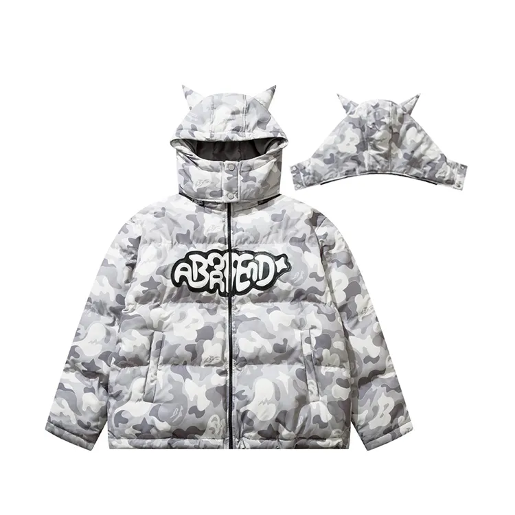 HL manufacture heavyweight hot sales designer puffer jacket men bubble coat custom detachable hood devil horn puffer jacket
