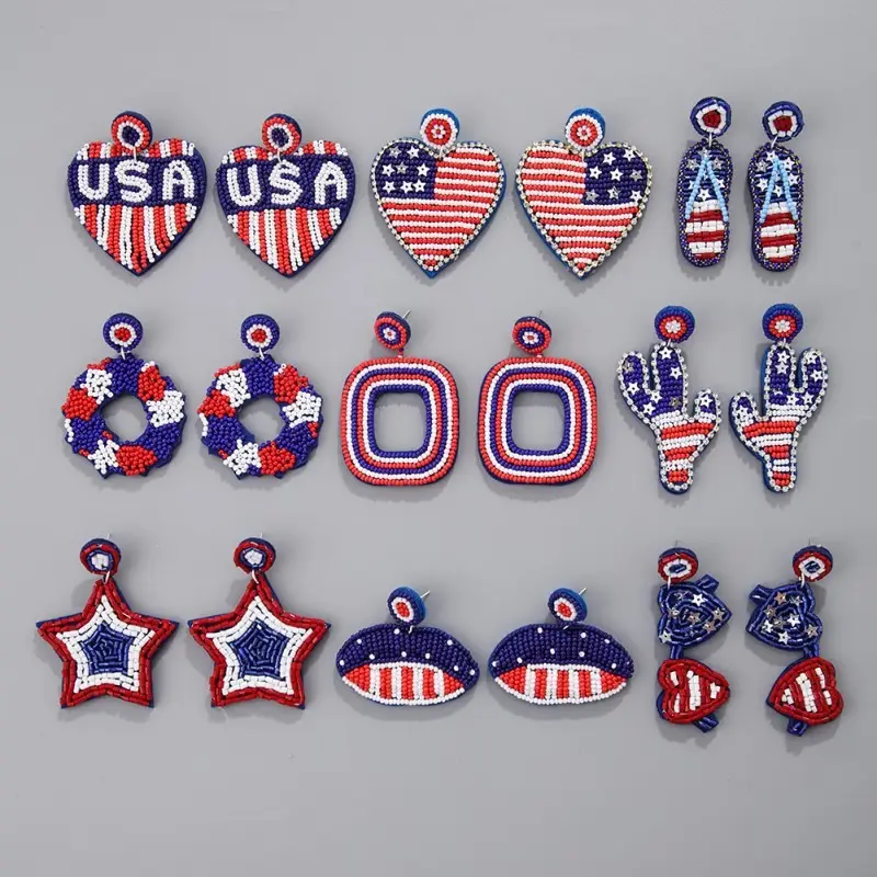 2024 New National Style American Independence Day Flag Earrings Creative Seed Pearl Handsewn Earrings