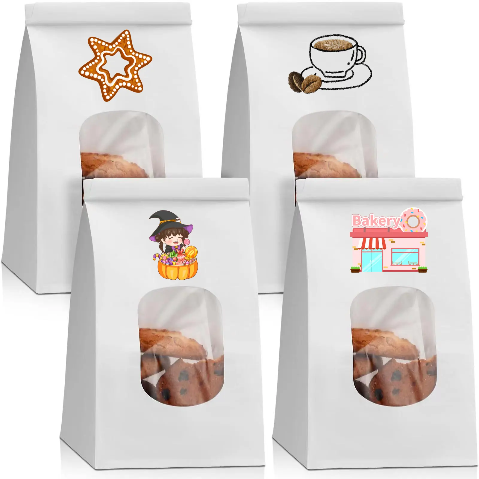 Custom Resealable Window Bakery Bags Tin Tie Top Tab Lock Kraft Paper Bag for Popcorn Bread Coffee Candy Food Gift Giving Print