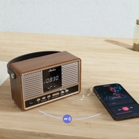 Speaker Audio Nirkabel Kayu Vintage MQ Portabel dengan Pegangan, Radio FM, Jam Alarm, Sistem Suara Bass Desktop, Dapat Diisi Ulang