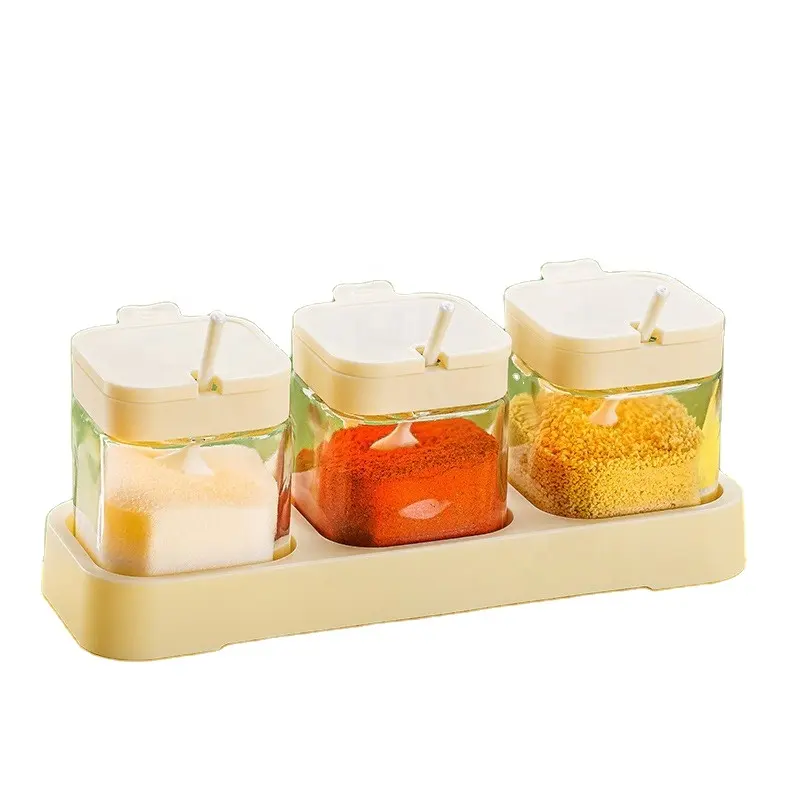 Set toples bumbu dapur rumah tangga, wadah penyimpanan bumbu kaca, kendi minyak tertutup toples bumbu